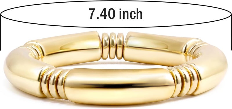 Badu Gold Chunky Bangles Bracelets For Women 14k Gold Plated Stack Layered Curved Bamboo Tube Stretch Bracelets Gift Jewelry - Image 2